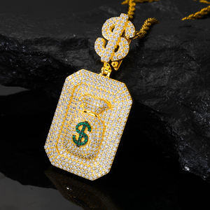 จี้ฮิปฮอปแบบยูนิเซ็กซ์ ชุบทอง 18K ทำจากสแตนเลสสตีล ประดับด้วยโมอิสซาไนต์รูปสัญลักษณ์ดอลลาร์ พร้อมสร้อยคอแบบไมโครเพฟ ได้รับการรับรองจาก IGI - Product Image 2