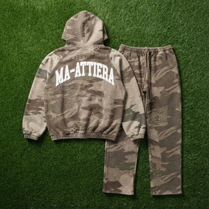 Ensemble survêtement homme marron beige camouflage à capuche zippé coupe ample manches contrastantes streetwear personnalisé OEM ODM vente en gros - Product Image 5