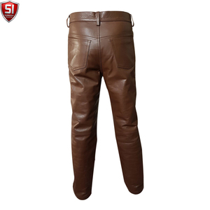 Brown Leather Windproof Midweight <b>Pants</b> for Men <b>Straight</b> <b>Leg</b> Mid Waist Button Fly OEM Custom Winter Casual Wear - Product Image 2