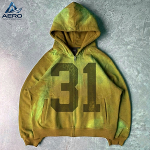 OEM ODM Service Custom <b>Mens</b> Vintage Washed Zip Up Hoodies Graphic Number Print Acid <b>Wash</b> Fleece Hooded Jacket - Product Image 6