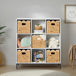 Natural Water Hyacinth Scalloped Shelf Basket - Square Woven Storage <b>Bin</b> with Built-in Handles for Closet - Product Image 5