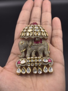 AMAIRA JEWELS Excellent Quality Gold Plated 0.1m Thick Silver Elephant Pendant Chattar Drop Crystal Rhinestone Ethnic Wedding - Product Image 6