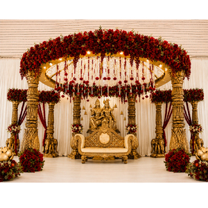 Mandapam de mariage authentique du sud de l'Inde, style Maharaja, finition dorée, en fibre, avec piliers sculptés en forme d'éléphant. - Product Image 1