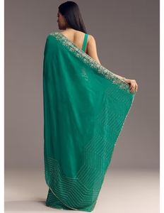 KV Women's <b>Green</b> <b>Silk</b> Viscose Traditional Organza Embellished Designer Saree with Unstitched Blouse for Party Occasions - Product Image 5