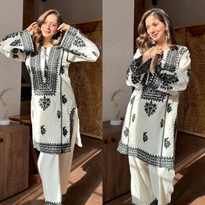 Magnifique ensemble Kurti Palazzo en soie rayonne Butti avec broderie point de chaînette, prêt-à-porter, tenue ethnique pour femmes - Product Image 5