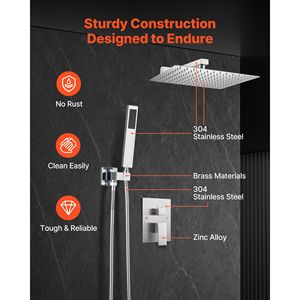 Sistema Doccia a Pioggia Quadrato da 12 Pollici Montato a Parete con Doccetta e Soffione a Pioggia, Set di Accessori per Bagno - Product Image 6