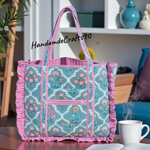 Cotton Quilted Floral Tote <b>Bag</b> With Pink Ruffles <b>Boho</b> Style Women's Shoulder <b>Bag</b> All Seasons Shopping <b>Bag</b> - Product Image 2