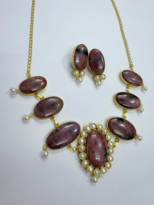 Classic Handmade Natural Gemstone Choker <b>Necklace</b> Earring Set with Pearls 18K Gold Plated <b>Ruby</b> Zoisite <b>Necklace</b> and Stud Earring - Product Image 2