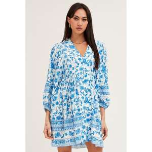 Minivestido con estampado floral y cuello en V para mujer, vestido informal de verano bohemio de manga larga - Product Image 2