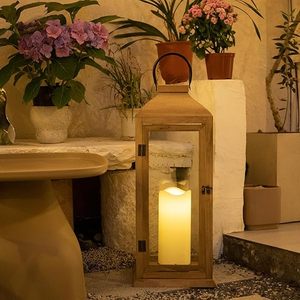 Natural Wood Decorative <b>Lantern</b> <b>Set</b> Rustic Farmhouse Candle Holder <b>Lantern</b> with Glass Panels - Product Image 5
