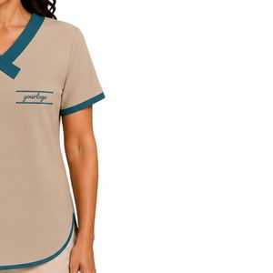 T-shirt asymétrique beige sable pour femme à col en V et manches courtes, avec bordure contrastante turquoise et détails boutonnés, personnalisable avec logo, vêtements décontractés en gros - Product Image 4