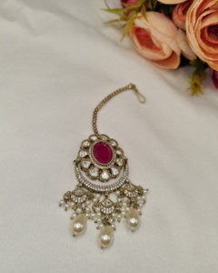 Conjunto de collar indio de lujo con gemas rosas Rani, chapado en oro antiguo pulido, joyería nupcial Kundan con pendientes y Maang Tikka, venta al por mayor - Product Image 4
