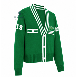 Cardigan en tricot pour femmes Iota Phi Lambda Sorority, col en V, boutons sur le devant, bordure côtelée rayée, broderie, style preppy - Product Image 3