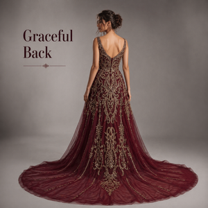 Luxury Burgundy Gold Embroidered Mermaid Evening Gown V Neck Sleeveless <b>Flared</b> Train Dress | OEM Private Label Bulk Supply India - Product Image 2