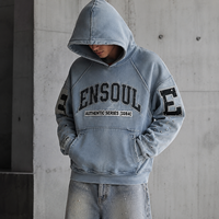 Sweat à capuche unisexe épais délavé à l'acide, style rétro décontracté urbain, avec patch brodé personnalisé et déchirures effet usé, marque privée