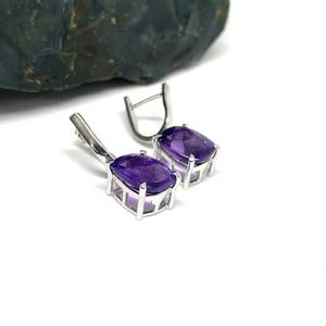 925 Silver Platinum Plated Amethyst Drop <b>Earrings</b> Bezel Setting Purple Gemstone Trendy Women's Jewelry Everyday Wear Third Party - Product Image 2