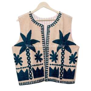 Chaleco elegante de algodón puro estampado para mujer, sin mangas, para uso en invierno, con diseño de palmera, hecho a mano, de longitud regular. - Product Image 5