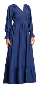 Robe longue décontractée bleue à col en V et manches longues avec volants, taille élastique, coupe trapèze, couleur unie, pour femme, printemps - Product Image 3
