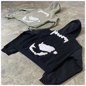 Hot Sale Streetwear Discount Price Sweatshirt Custom Design Puff Print Raw Hem Distressed Oversized Hoodies Low MOQ Pullovers - Product Image 2