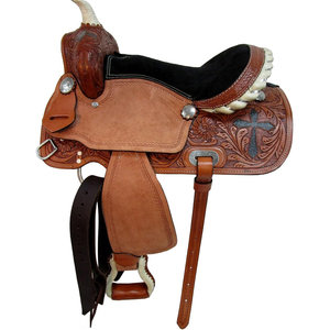 Selle de cheval western en cuir marron repoussé avec arceau en bois et quincaillerie nickelée pour l'équitation sur sentier et la course - Product Image 1