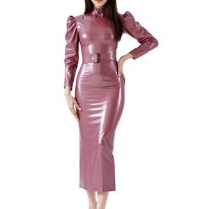 <b>Pink</b> PU Leather Midi Dress High Neck Puff Sleeve Belted Bodycon Fitted Party Wear Solid Color Autumn Style - Product Image 3