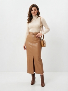 Women Breathable Embroidered Genuine Leather Knee-Length High Waist A-line Solid Color Side Slit Casual <b>Office</b> <b>Skirt</b> - Product Image 3