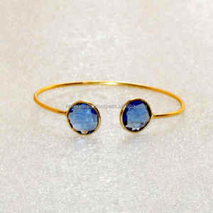 Tanzanite Round Cut Gemstone Christian Trendy Cuff Bangle <b>Gold</b> Plated <b>Adjustable</b> Gemstone Bangle For Girls - Product Image 4