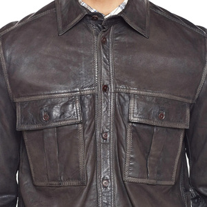 Chemise en cuir noir pour homme, manches longues, col rabattu, couleur unie, style vêtements de travail, tenue d'automne - Product Image 5