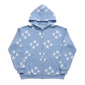 Sweat-shirt décontracté à capuche zippé en molleton bouclette bleu clair imprimé étoiles, style automne, coupe classique, le plus vendu en 2026 - Product Image 1