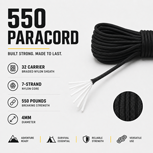 Black 4mm Paracord Rope 550 Type Nylon Utility <b>Cord</b> for Camping, Survival, Craft and DIY Use - Product Image 4
