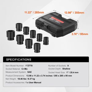 Set di chiavi a bussola a 6 punte SAE da 1 pollice, 9 pezzi, per dadi di asse, in CR-MO trattato termicamente, con custodia inclusa - Product Image 3