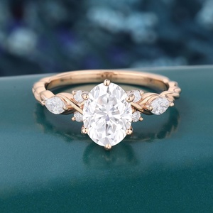 Bague de fiançailles ovale en moissanite, bague torsadée 3/4 éternité, bague de demande en mariage unique en or rose, bague antique en diamant taille marquise - Product Image 4