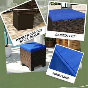 Two-Piece Outdoor <b>Stool</b> with Rattan Foot <b>Pad</b> and Dark Blue Cushion Terrace Ottomans Comfortable Footstool - Product Image 4