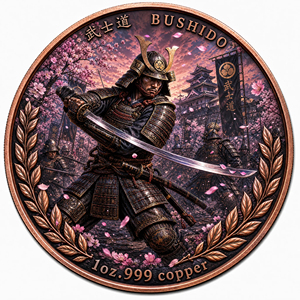 Moneda Coleccionable Personalizada de Cobre Fino .999 de 1oz con Diseño de Samurái <span class=keywords><strong>Bushido</strong></span>, Katana, Guerrero y Flor de Cerezo - Product Image 1