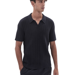 Polo de Punto Acanalado Vertical Negro para Hombre, Manga Corta, 100% Algodón, Corte Ajustado, Transpirable, Informal, para Verano, Venta al Por Mayor OEM - Product Image 4