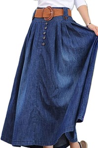 Jupe longue en jean taille haute pour femme, coupe trapèze, couleur unie, boutonnée sur le devant, coupe ample, décontractée, en tissu de coton délavé, style printemps - Product Image 4