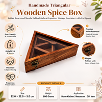 Boîte à épices triangulaire en bois de rose indien, Masala Dabba, organisateur de rangement de cuisine avec couvercle et cuillère, récipient traditionnel fait main