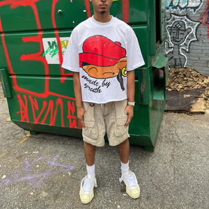 เสื้อยืดโอเวอร์ไซส์สไตล์วินเทจสกรีนลายแบบใหม่ ผลิตตามสั่งขายส่ง คอริบบิ้น ผ้าปะติดปะต่อ ล้างสีแบบแอซิดวอช - Product Image 1