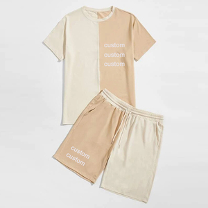 Ensemble décontracté deux tons pour homme : T-shirt et short en coton respirant, style patchwork, coupe oversize, idéal pour l'été et le streetwear - Product Image 1