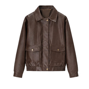 Veste en simili cuir marron pour femme personnalisée – Manteau de style motard classique et décontracté avec poches avant |   Vente en gros - Product Image 1