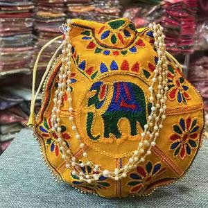 Indian Handmade Latest Design Thread Work <b>Elephant</b> Potli <b>Women</b> Golden Embroidery Return <b>Gift</b> Bags Fashionable Wedding Favourites - Product Image 1