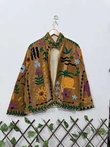 Bohemian Brown <b>Velvet</b> Embroidered Suzani <b>Jacket</b> with Floral Pattern Full Sleeve Stand Collar Handmade <b>Women's</b> Winter Coat - Product Image 1