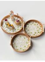 Ensemble de plateaux en rotin bohème, motif végétal rond, poignée décorative, plateau de service pour table à manger, lot multi-pièces