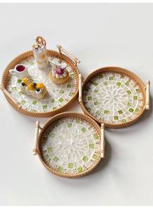 Ensemble de plateaux en rotin bohème, motif végétal rond, poignée décorative, plateau de service pour table à manger, lot multi-pièces - Product Image 5