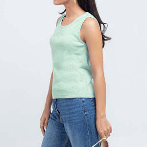 Camiseta de Tirantes Tejida para Mujer, Color Verde Menta Sólido, Cuello Redondo, Informal, Transpirable, 100% Algodón, Largo Regular - Product Image 3