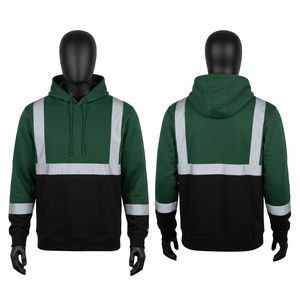 Sweat à capuche de travail en coton premium 320 GSM avec fermeture éclair, vert et noir, bande réfléchissante, logo personnalisé, sécurité, imperméable et respirant - Product Image 1