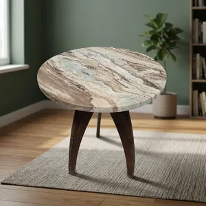 Modern <b>Round</b> Marble Top <b>Side</b> <b>Table</b> With Wooden Legs Handmade Living Room Furniture - Product Image 3