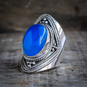 แหวนเงินแท้ 925 ประดับพลอยบลูแคลเซโดนี แหวนพลอยทำมือ แหวนแคลเซโดนีสำหรับเธอ - Product Image 2