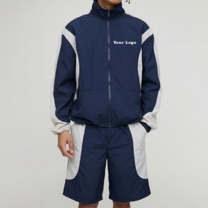 Men's Navy White Solid Windbreaker Full Sleeve Turn-down Collar Casual Breathable Lightweight 100% Cotton Shorts Drawstring - Product Image 2