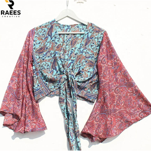 Handmade Women's Pure Silk Wrap <b>Tie</b> <b>Top</b> Wholesale Short Crop <b>Top</b> With Deep V And Long Bell Sleeves Casual Summer Wear - Product Image 1